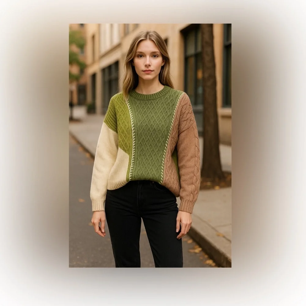 New In Colorblock Crop Sweater SZ S Women Cable Knit Long Sleeve Grunge Sporty‎